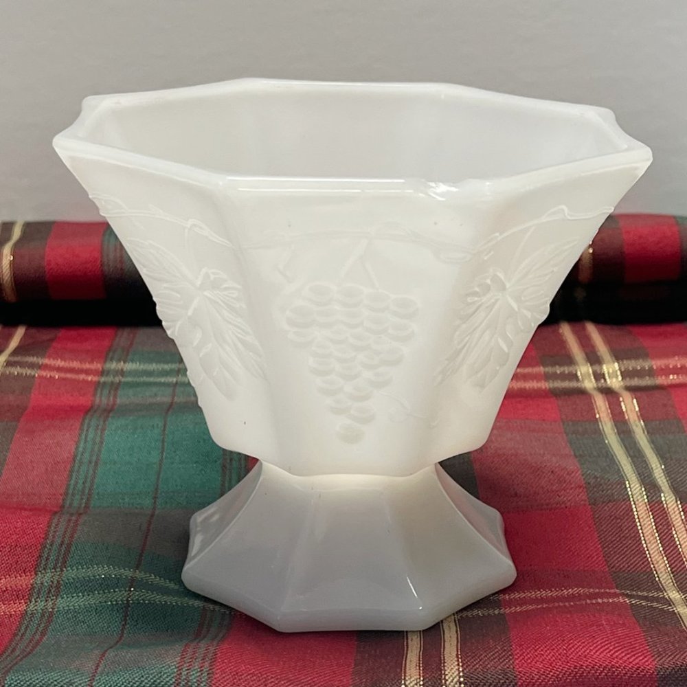 Vintage Candy Compote Dish, Anchor Hocking Milk Glass, Octagon, Grapes & Leaves